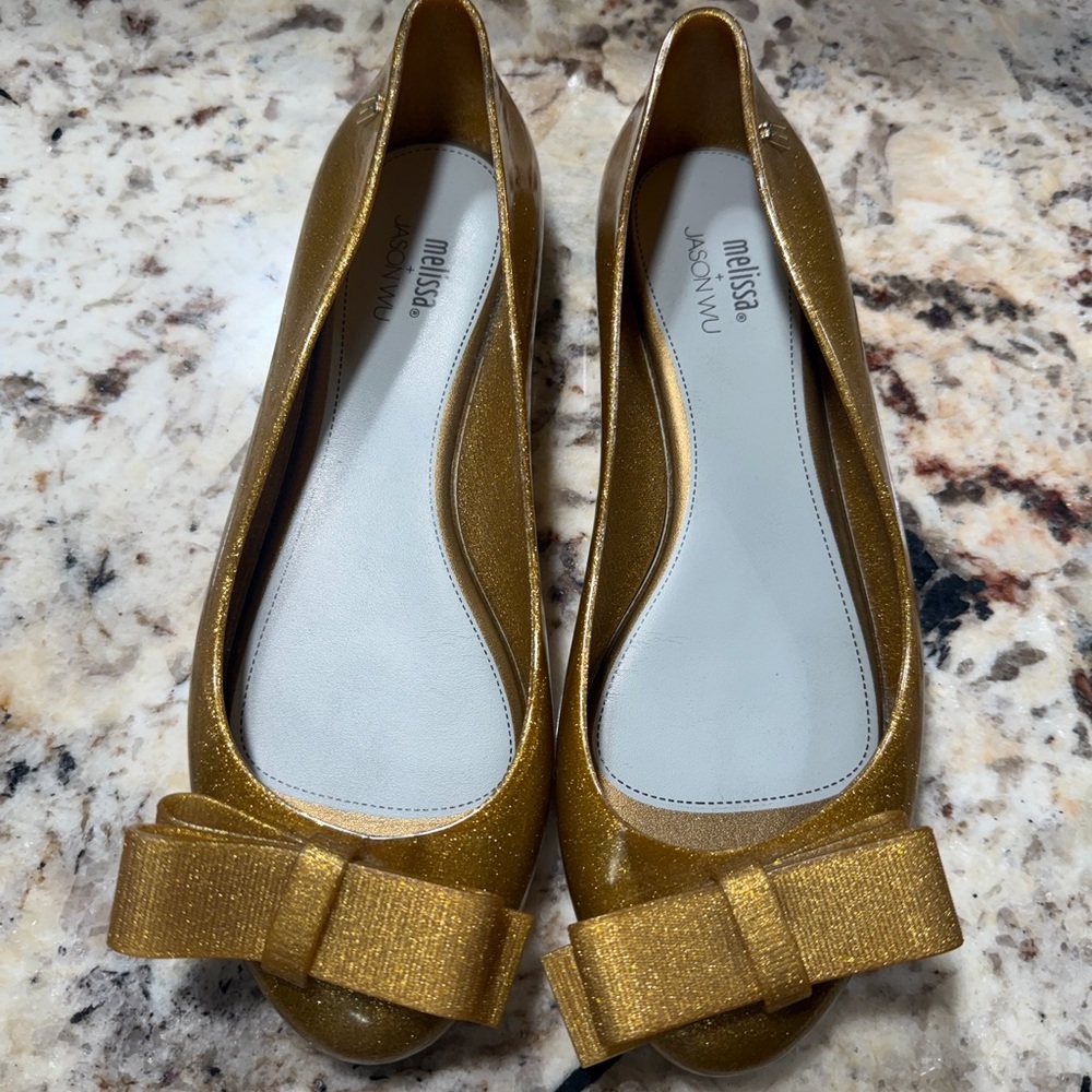 Melissa Gold Glitter Bow Loafers slip on stylish